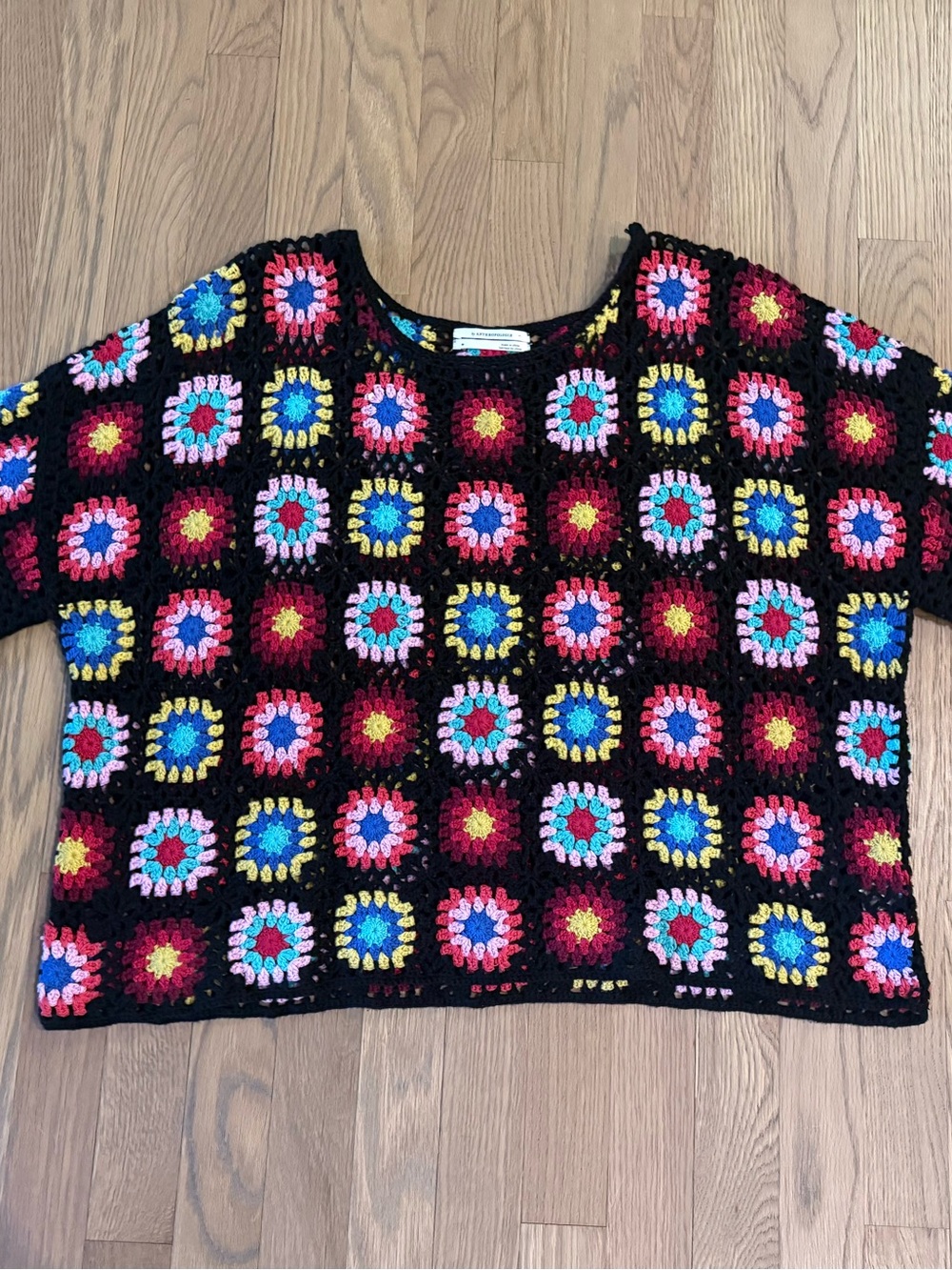 Anthropologie Granny Knit Crochet Patchwork Sweater with Multicolor Squares